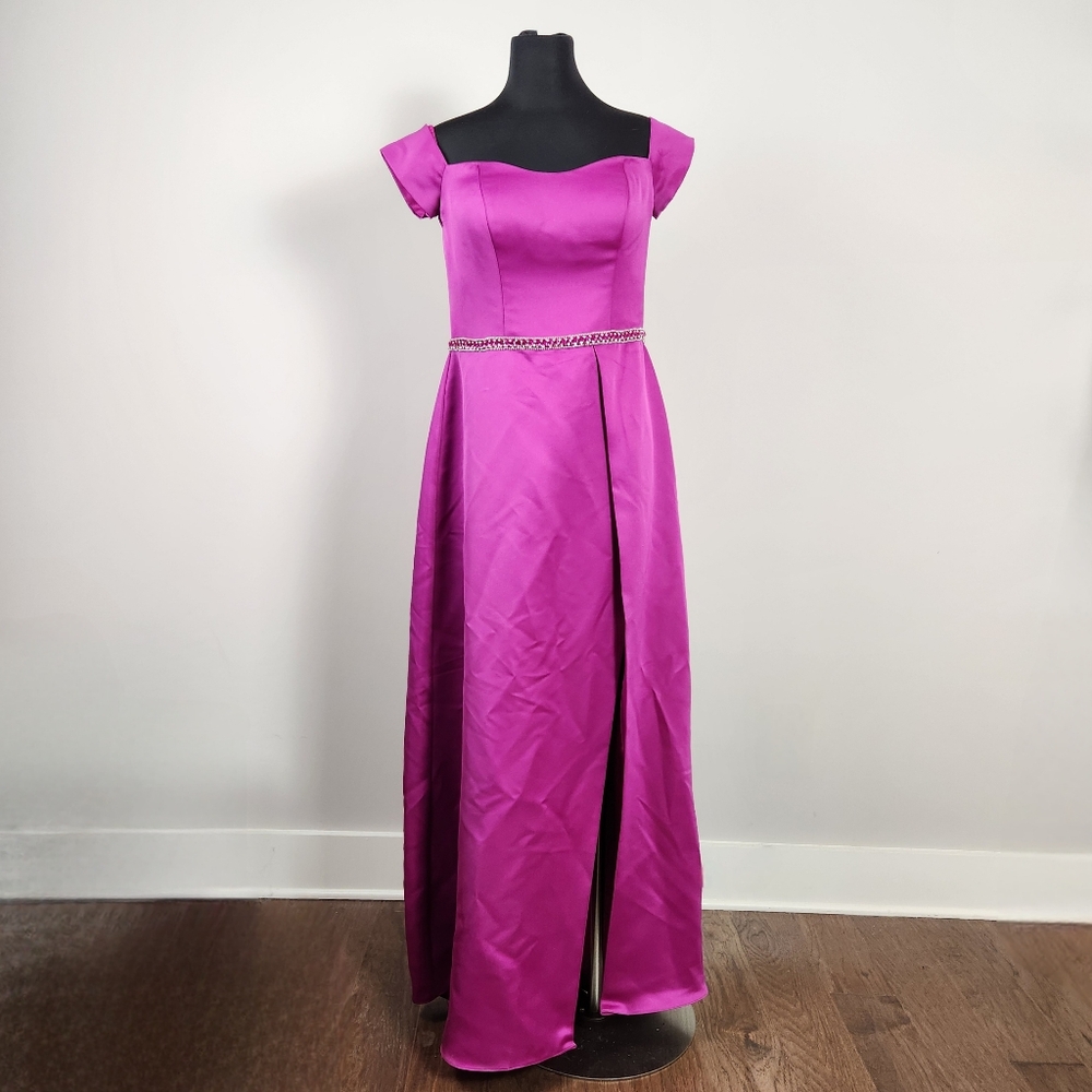 TERANI COUTURE magenta off-shoulder formal gown